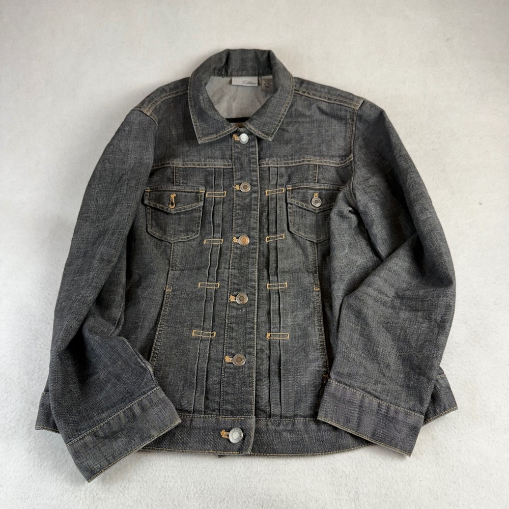 Chicos Platinum Dark Gray Pleated Denim Trucker Jacket Size 1 Womens Stretch